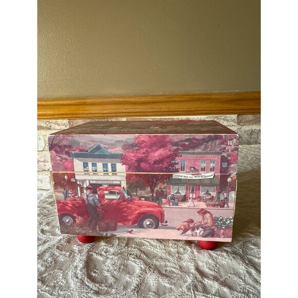 Hallmark Candy or Recipe  Box With Red & White Vintage Town Scene - Picture 3 of 16